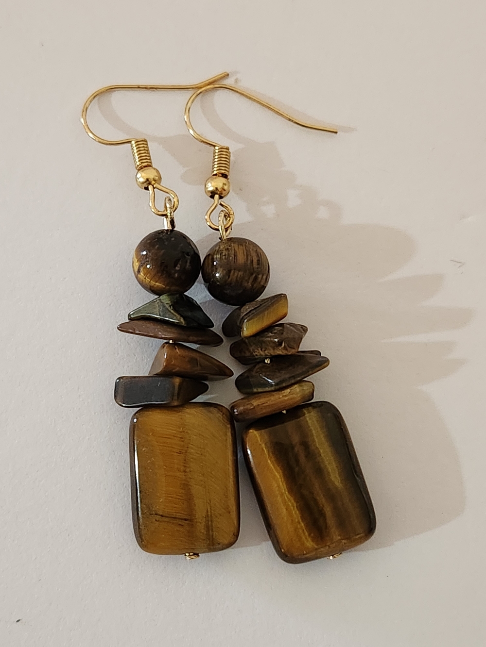 Hand Crafted Tiger Eye Drop Earrings in Brown and Gold